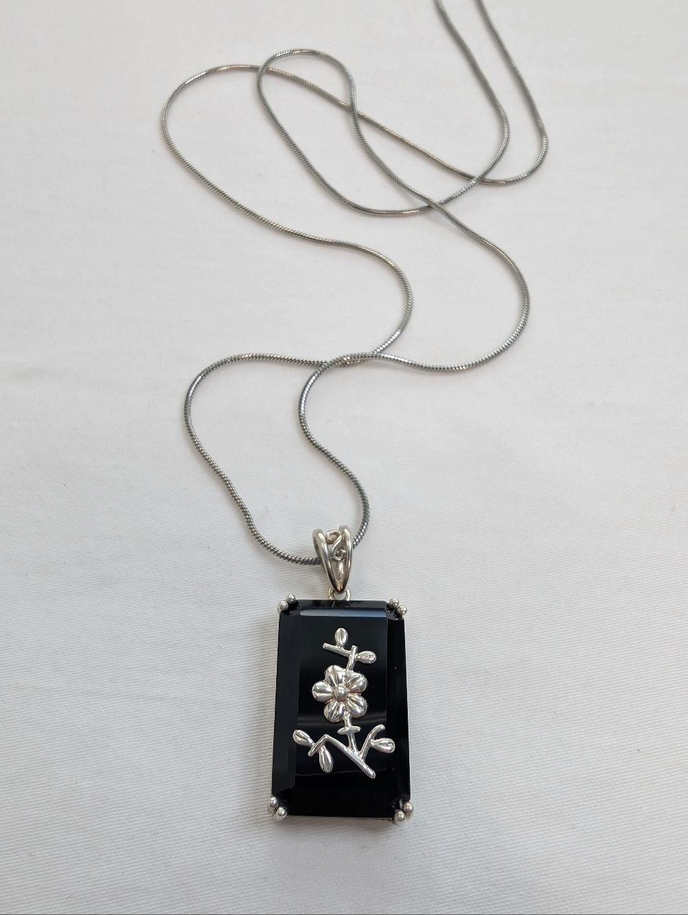 Vintage Sterling & Onyx Floral Necklace - 925 Silver Everyday Jewelry